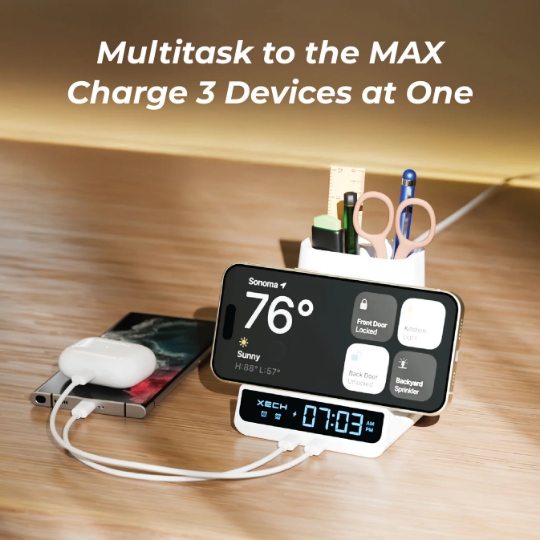 Digital Alarm Clock + Wireless Charger & Pen Stand - Image 2